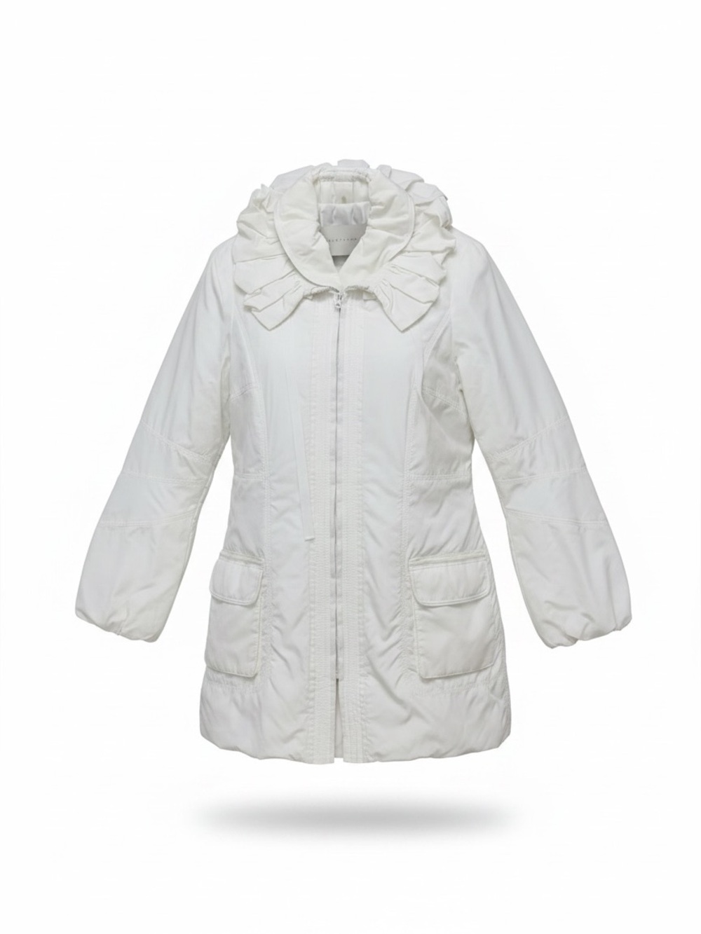 Elie Tahari White Lightweight Anorak Ruffle Layered Collar Puffer Coat